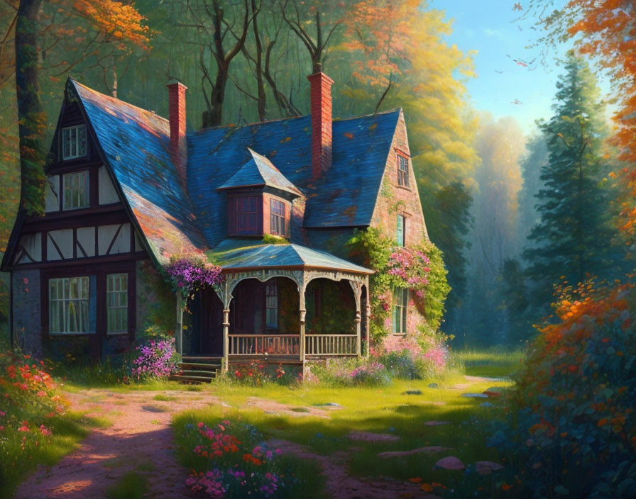 Enchanting Cottage in Lush Forest with Blooming Flowers