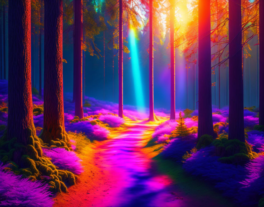 Scenic forest pathway with sunlight filtering through trees