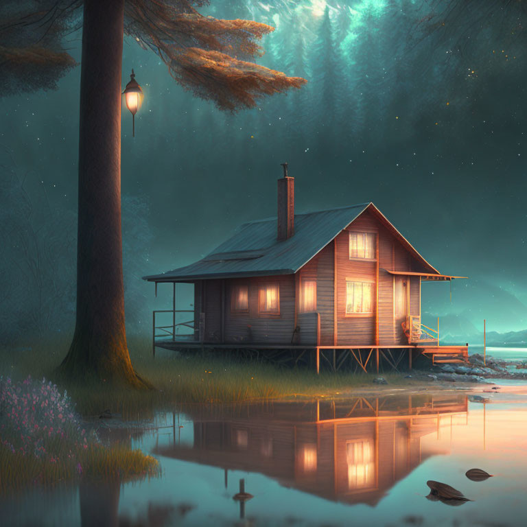 Rustic wooden cabin by tranquil water under starry sky