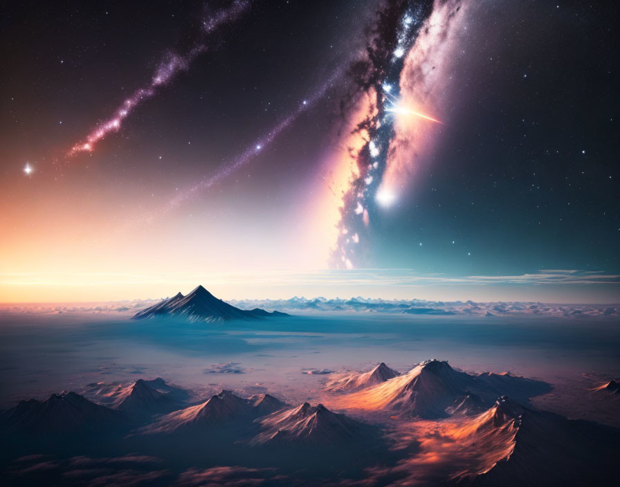 Majestic mountain range under vivid galaxy at twilight