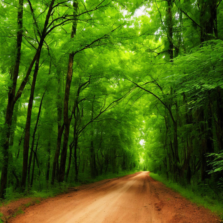 Tranquil dirt road through lush green forest