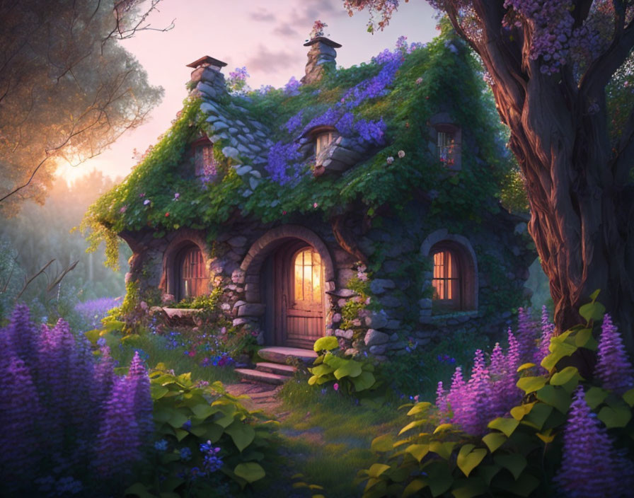 Stone Cottage Surrounded by Purple Flowers in Forest Sunset