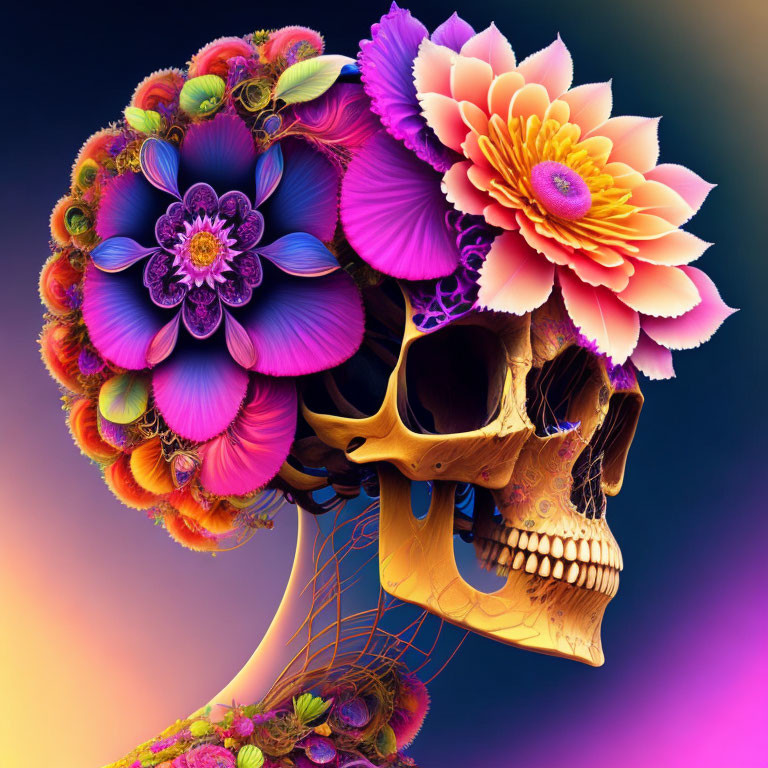 Colorful Flower Skull Artwork on Gradient Background