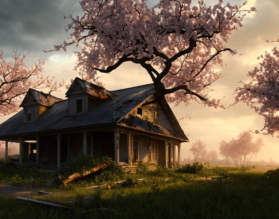 Cherry tree blossoms over old house porch at sunset