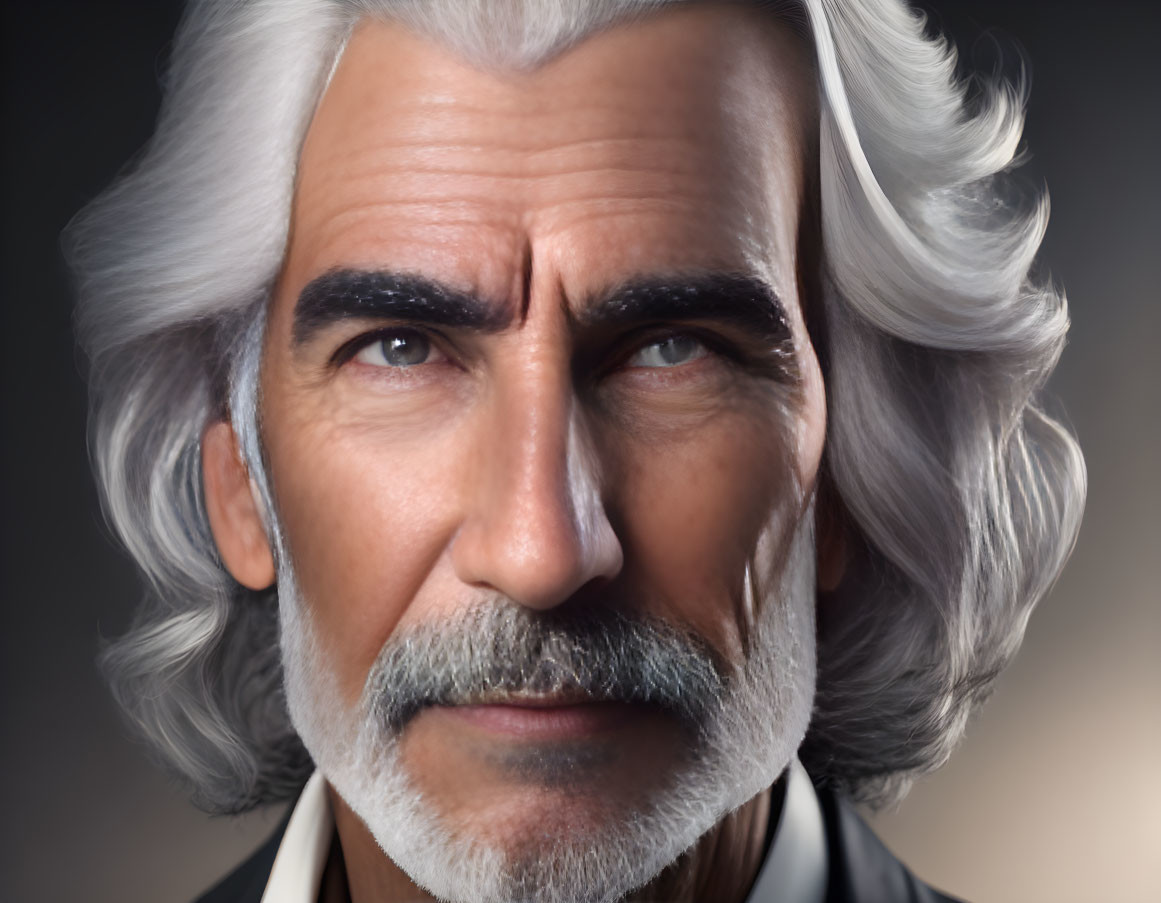 Elderly man with white hair, beard, and intense eyes