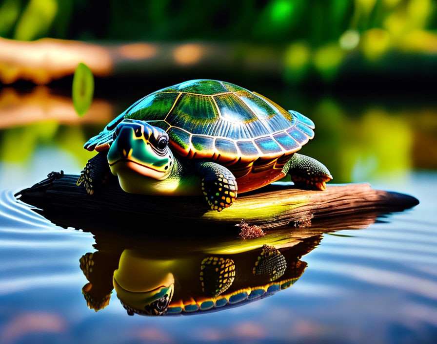 Vibrant green-shelled turtle on floating log in calm blue water