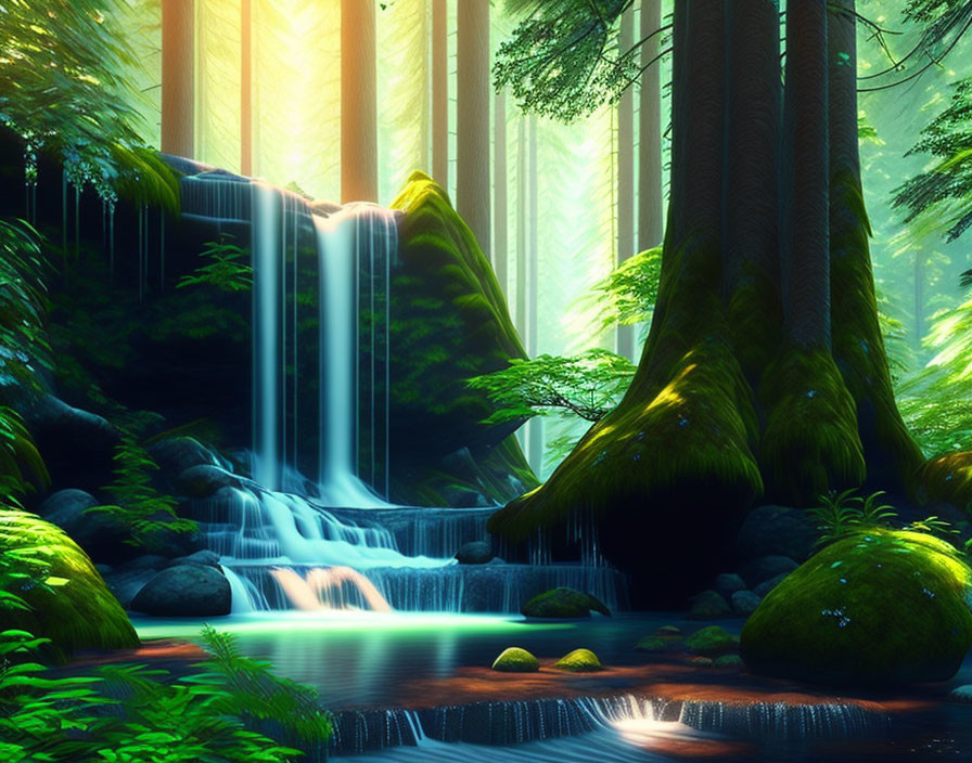 Verdant forest canopy with serene waterfall and moss-covered rocks