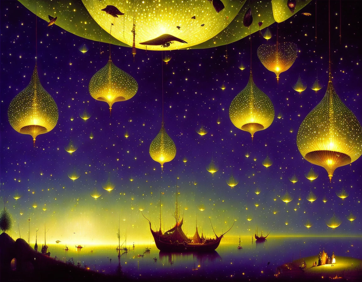 Enchanting night scene with oversized lanterns, ancient ship, and starry sky