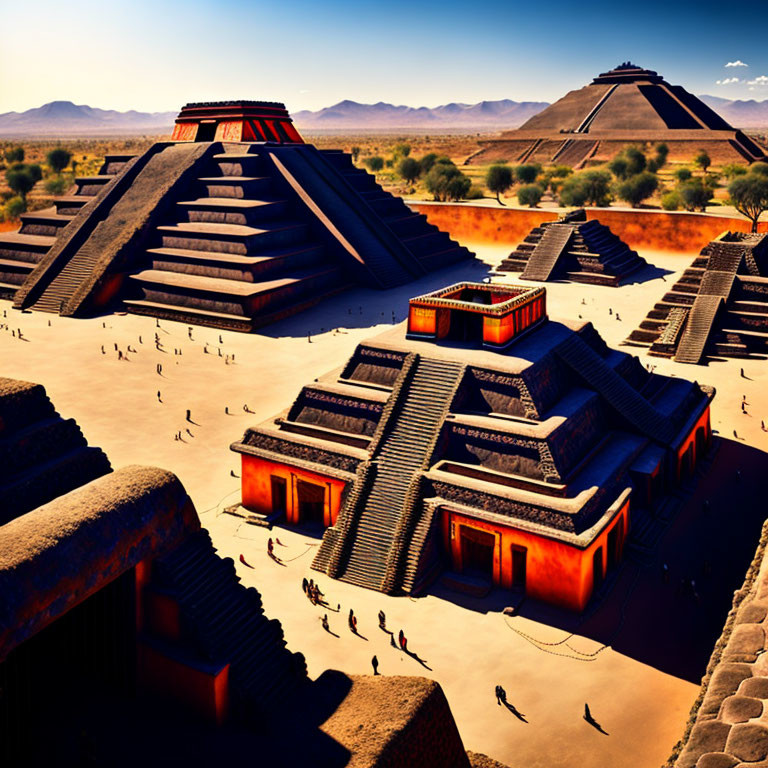 Ancient Mesoamerican city with pyramid structures under clear blue sky