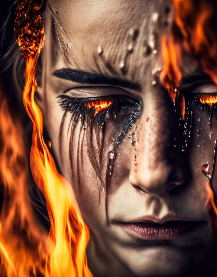 Woman's face with dramatic fire and water makeup fusion