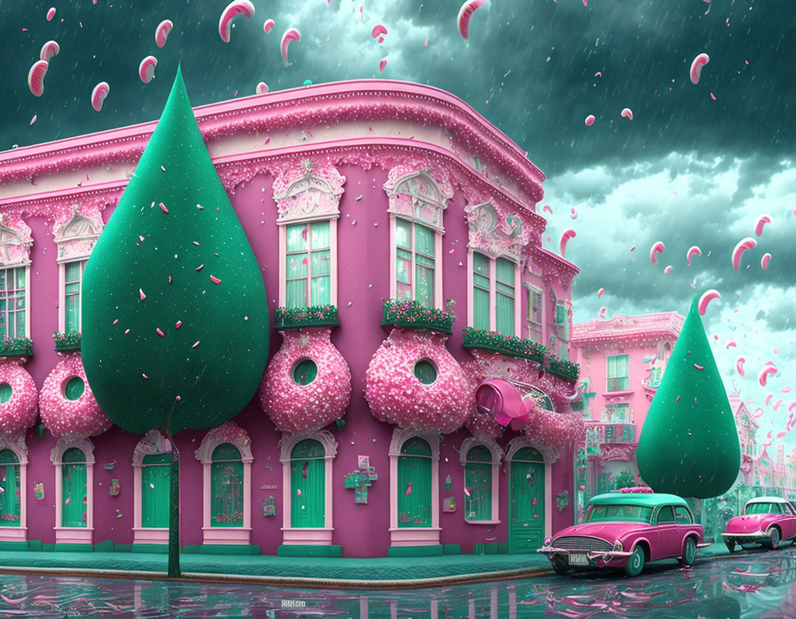 Pink-themed streetscape with matching buildings, trees, vintage car, and watermelon slice rain.