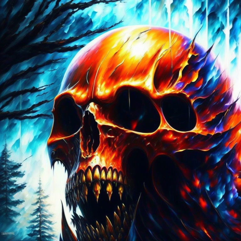 Colorful artwork: Fiery skull with multiple eye sockets on blue streaks and dark trees