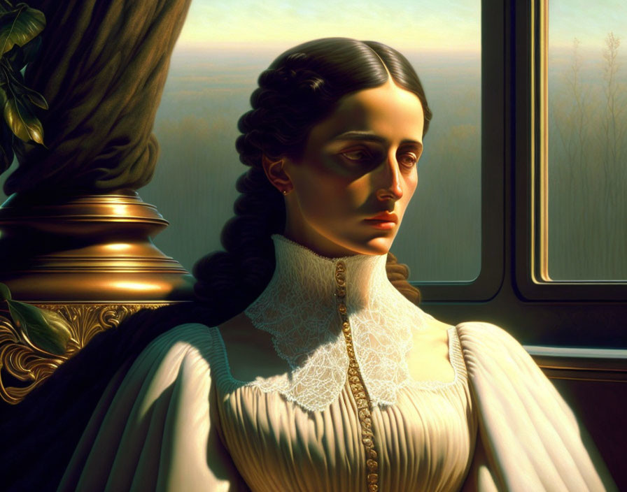 Portrait of woman with braided hair and lace collar gazing out window at tree.