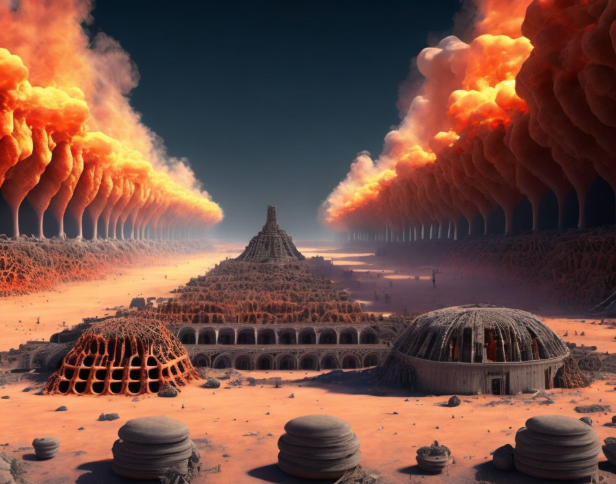 Surreal desert landscape with domed structures, pyramid, and orange sky.