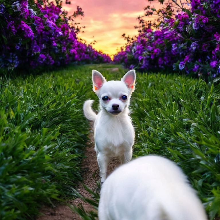 Small White Dog in Green Pathway with Purple Flowers and Sunset Sky