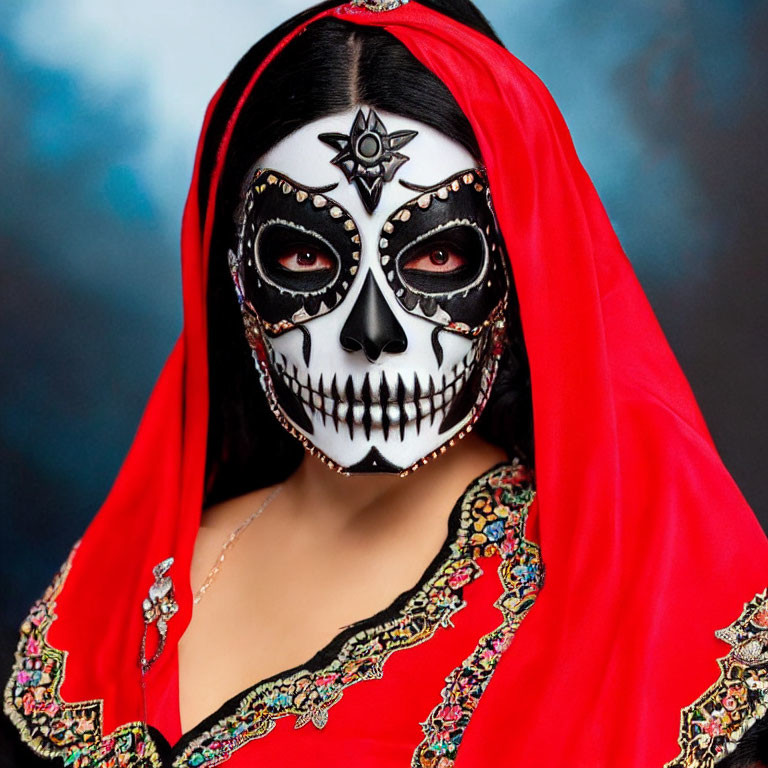 Skull Face Painting in Red Hooded Cloak for Day of the Dead