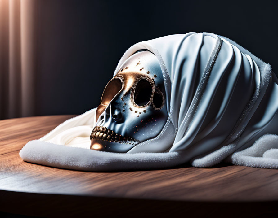 Metallic skull with white fabric on wooden surface in soft light