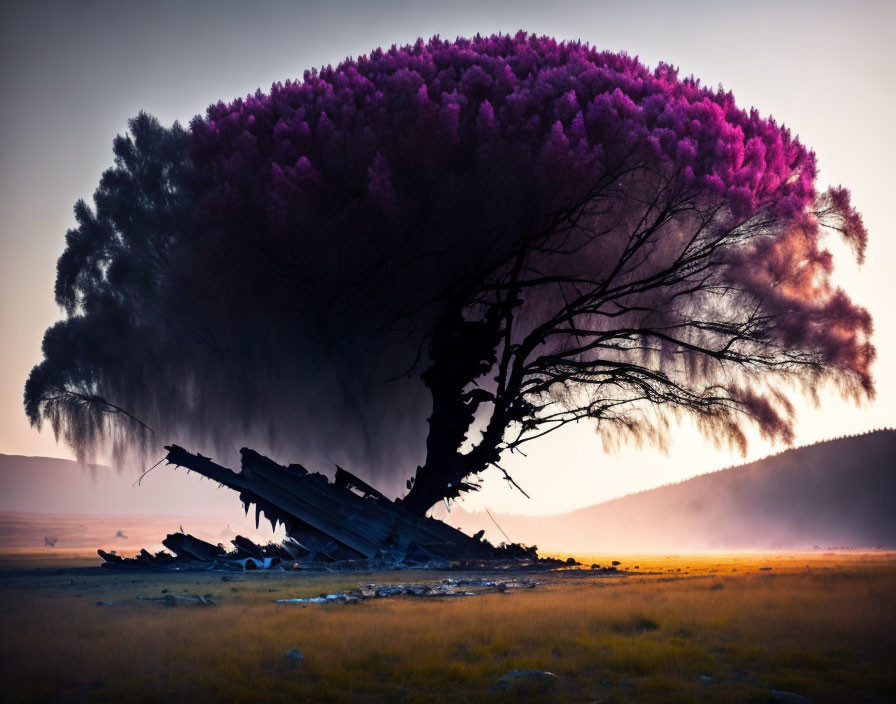 Majestic purple tree against misty sunrise with scattered ruins