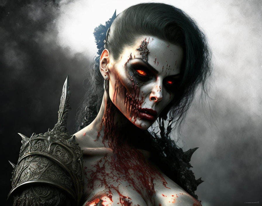 Dark-haired woman in zombie makeup with metal shoulder armor on smoky background