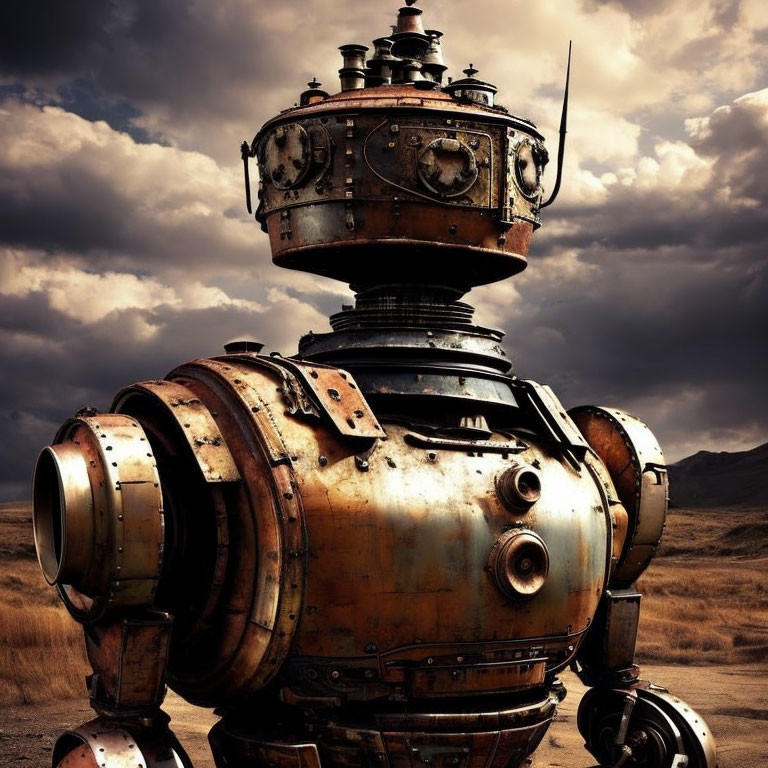 Rustic steampunk robot against dramatic cloudy sky