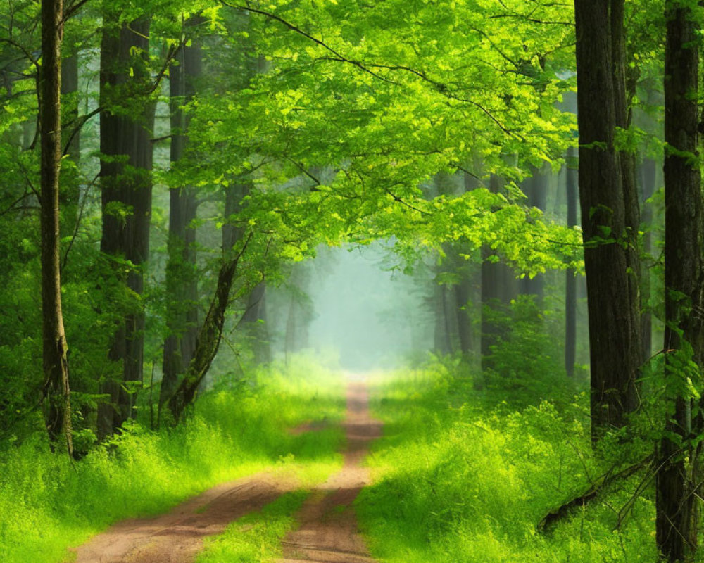 Tranquil forest path with vibrant green foliage and misty atmosphere