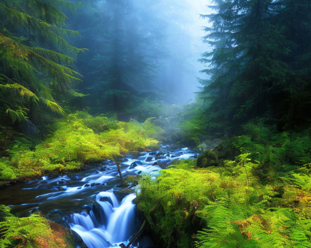 Serene forest scene with cascading stream and misty light