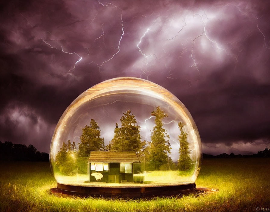 House in dome amid stormy sky with lightning.