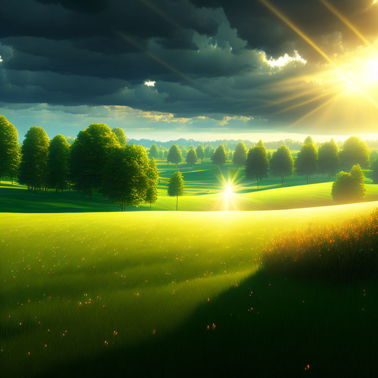 Sunrays Through Clouds Over Lush Green Meadow at Sunset