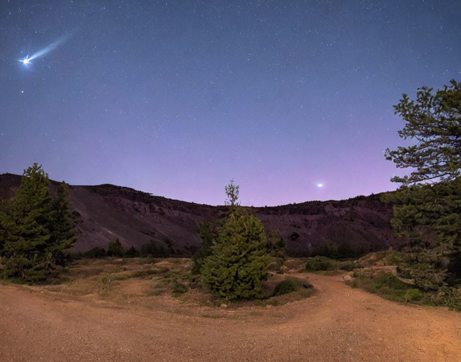 Night sky with trees, dirt path, and bright celestial body