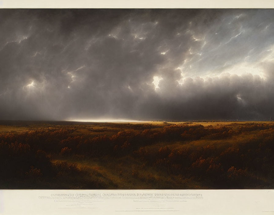 Stormy Landscape Painting with Dramatic Clouds and Lightning in Foreign Language Text