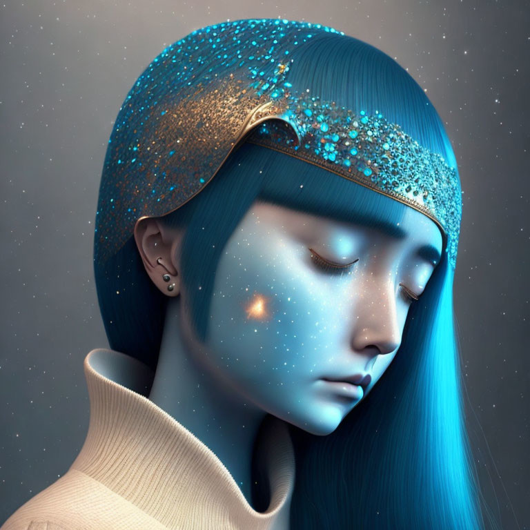 Blue-skinned person with cosmic theme and sparkling beads.