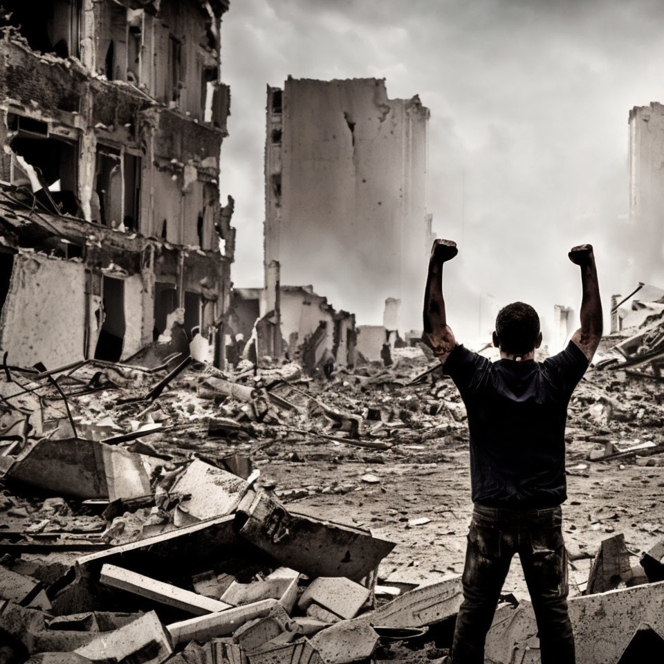 Person raising fists in rubble-filled landscape.