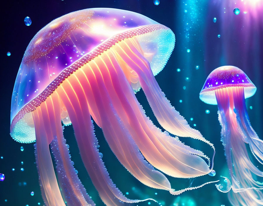 Colorful Luminescent Jellyfish in Deep Blue Ocean