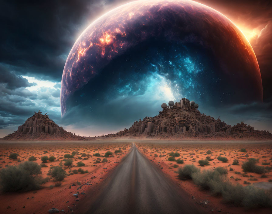 Barren desert landscape with road and colossal planet in sky