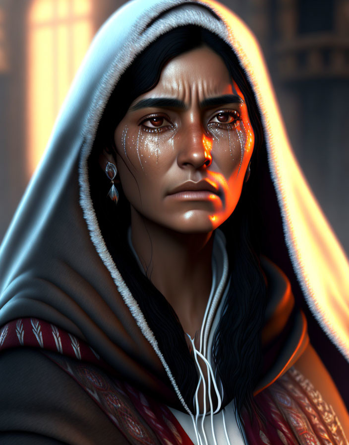 Woman with tears in close-up wearing hooded cloak