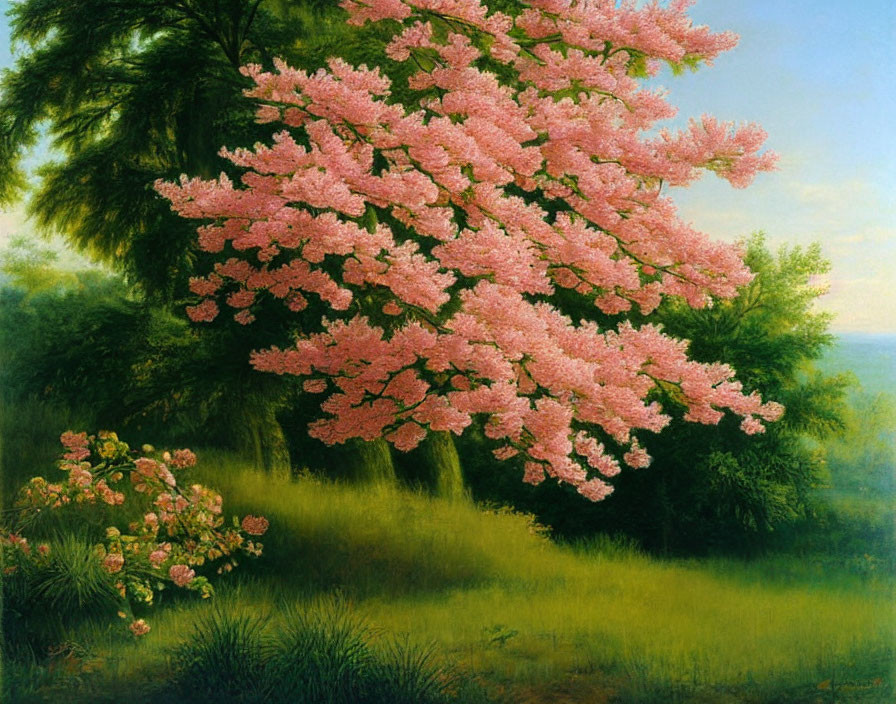 Tranquil landscape with vibrant pink cherry blossoms