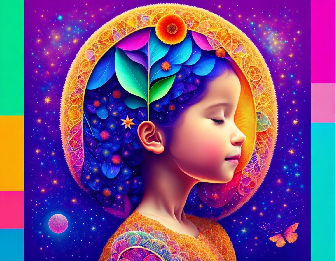 Colorful digital artwork: young girl with nature and cosmic elements