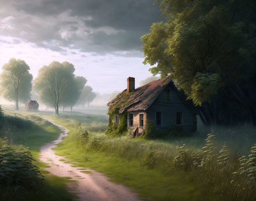 Quaint old house with chimney in misty countryside