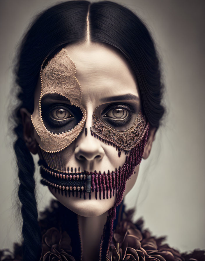 Dark-haired woman with skull mask makeup and lace details for Dia de los Muertos.