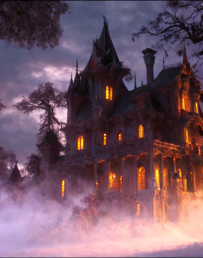 Eerie Orange-Lit Gothic Mansion in Twilight Mist