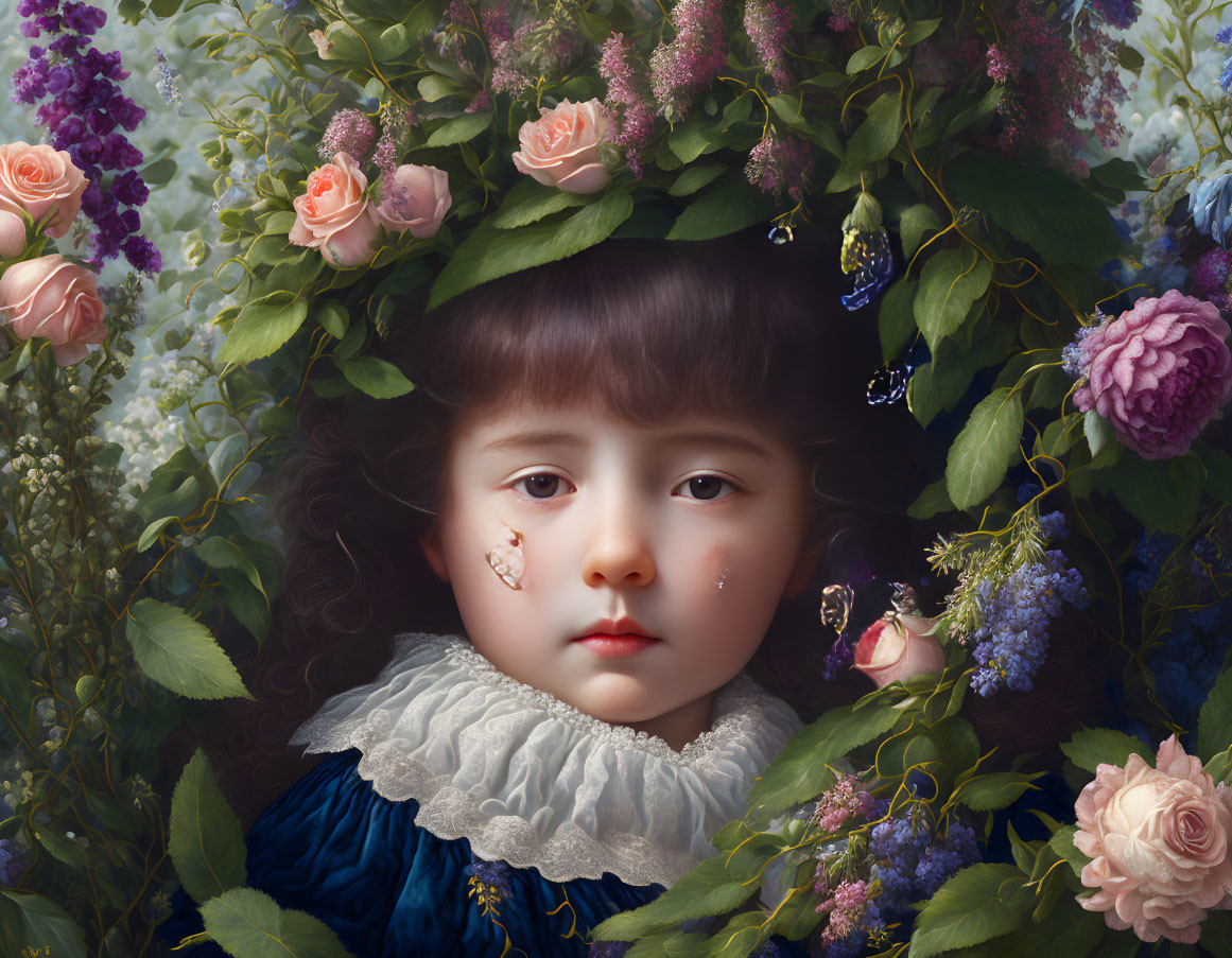 Child portrait with expressive eyes, surrounded by lush greenery and butterflies