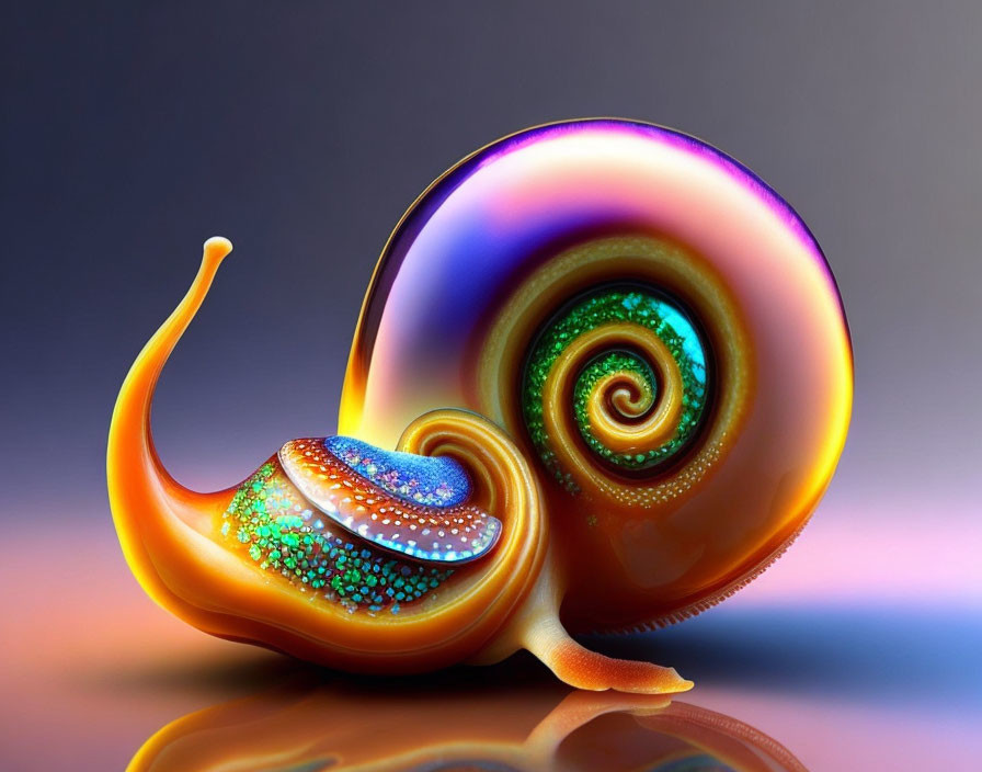 Colorful Snail with Iridescent Shell on Reflective Surface