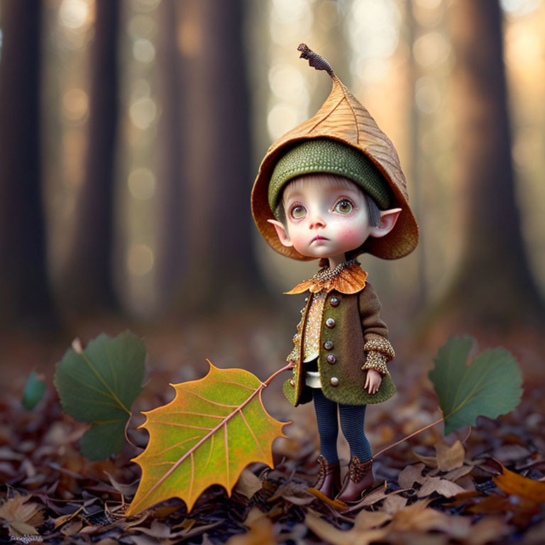 Whimsical elf character in forest with leaf hat and green attire