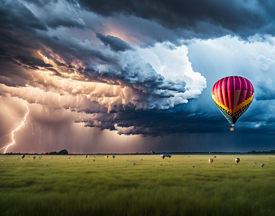 Hot Air Balloon Flying Near Dramatic Storm and Colorful Umbrellas