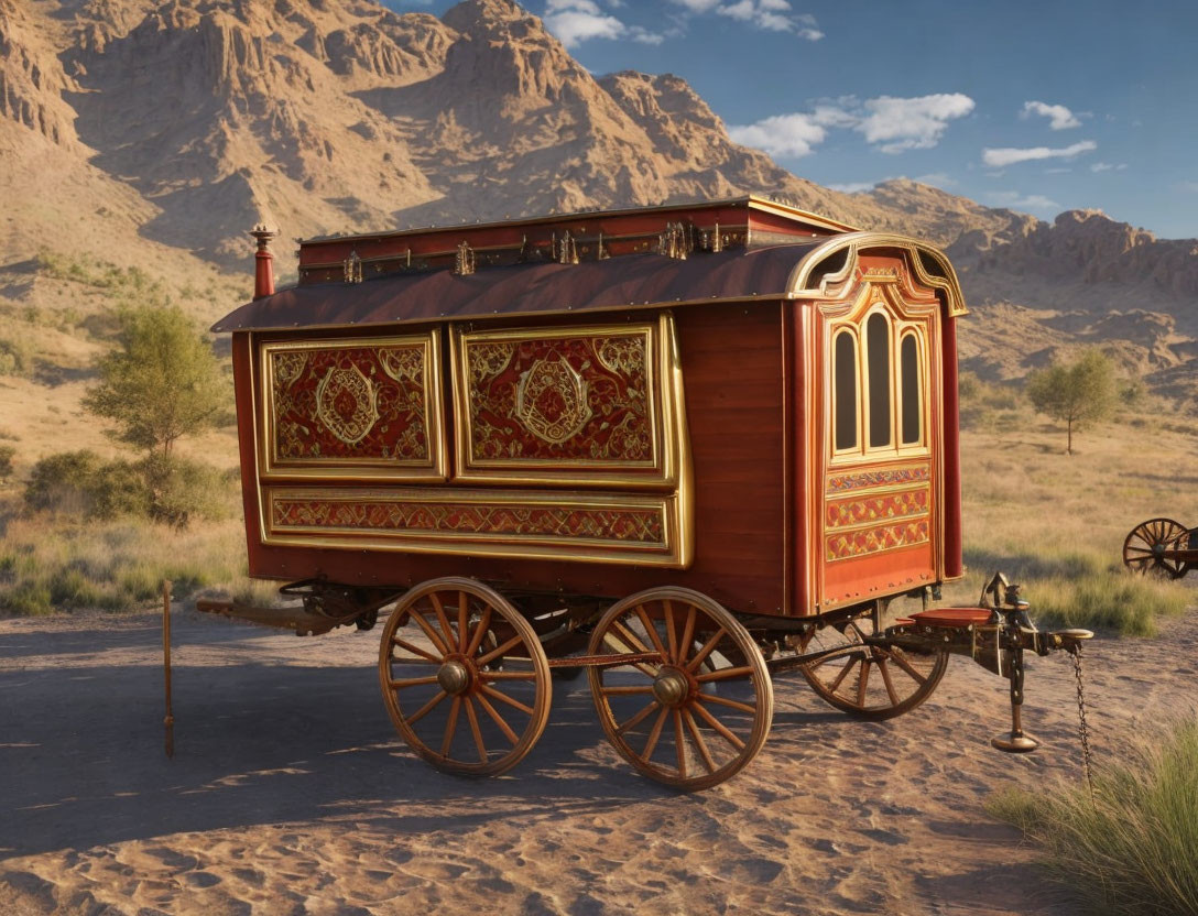 Vintage Wooden Caravan in Desert Landscape with Decorative Patterns