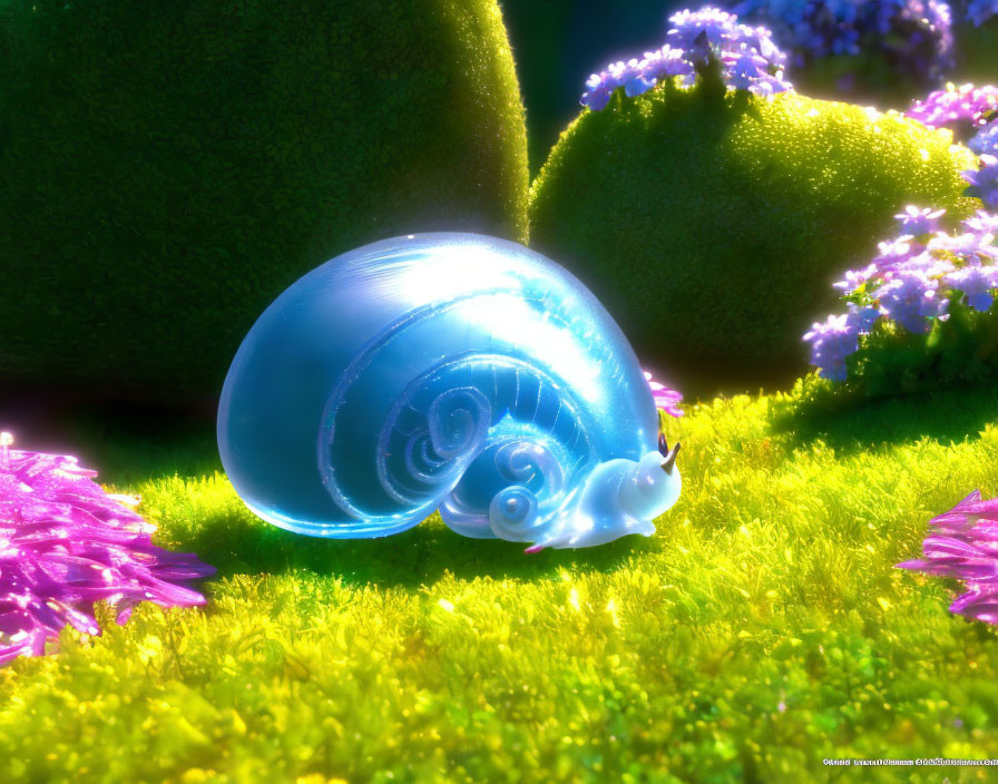 Luminescent blue snail in vibrant garden with purple flowers