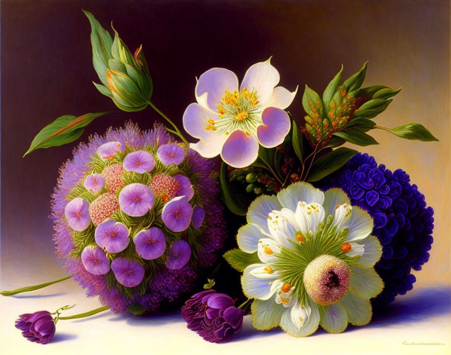 Colorful floral still life painting with hydrangeas, white and yellow flowers on dark backdrop