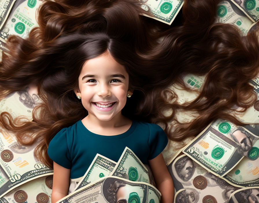 Smiling young girl with spread-out hair amidst US dollar bills