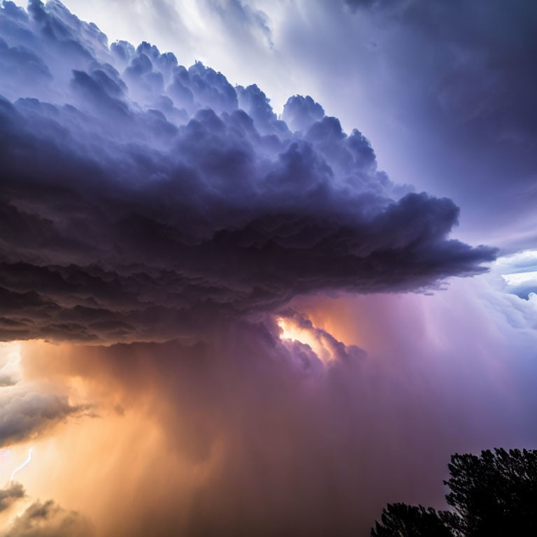 Dramatic thunderstorm with purple-tinged clouds and lightning bolts