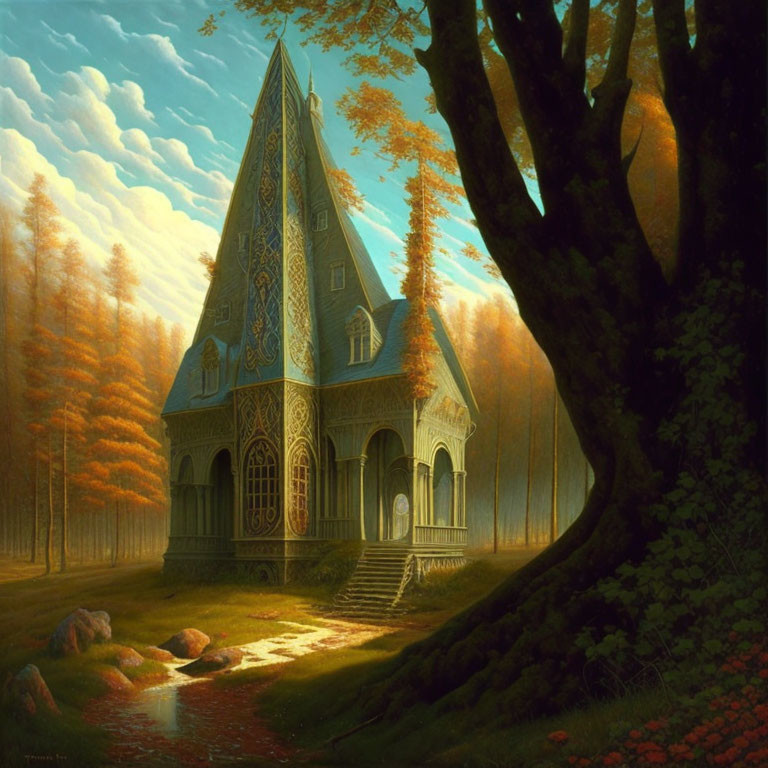 Whimsical Gothic-style cottage in autumn forest with brook